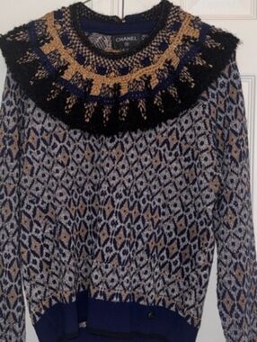 CHANEL Navy, Tan and Black Fair Isle Yoke Sweater